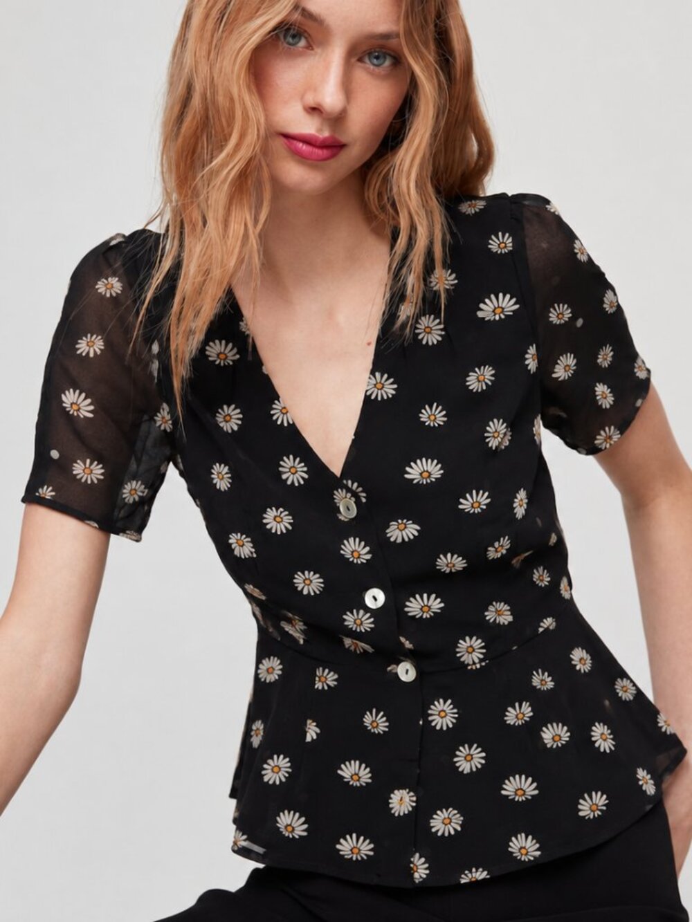 Aritzia Wilfred Button-Front Blouse Black Floral Sz S